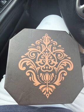 Decorative Black Box with Peach Damask Design